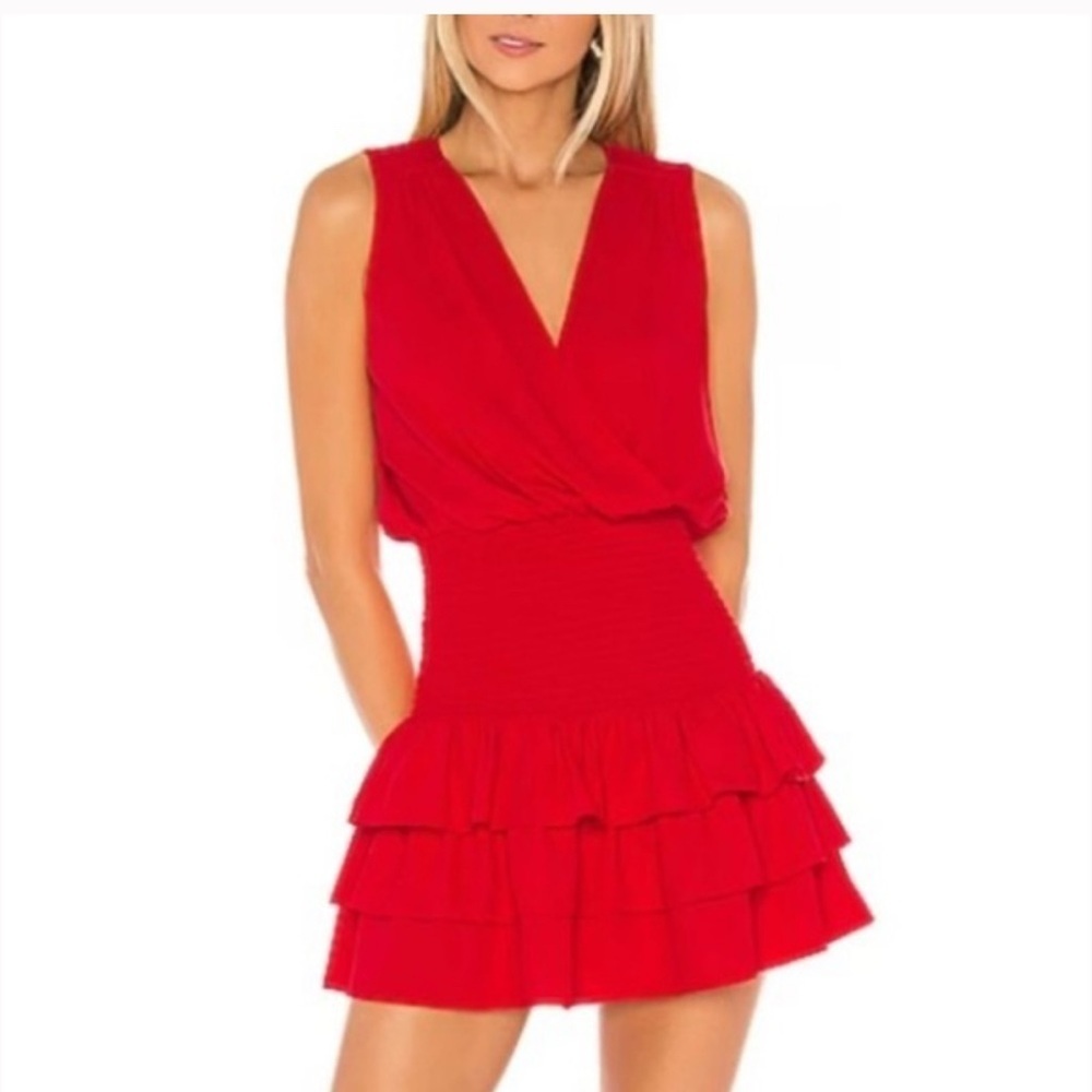Amanda Uprichard Chantal Tiered Smocked Mini Dress in Lipstick | Size S